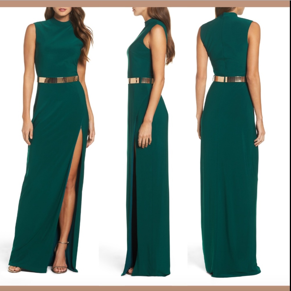 NEW $338 Mac Duggal Belted Mock Neck Sheath Gown